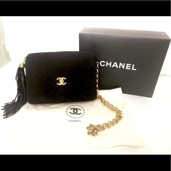 Chanel Vintage Quilted Suede Leather Classic Flap Black Crossbody Bag Gold Chain - Picture 1 of 16